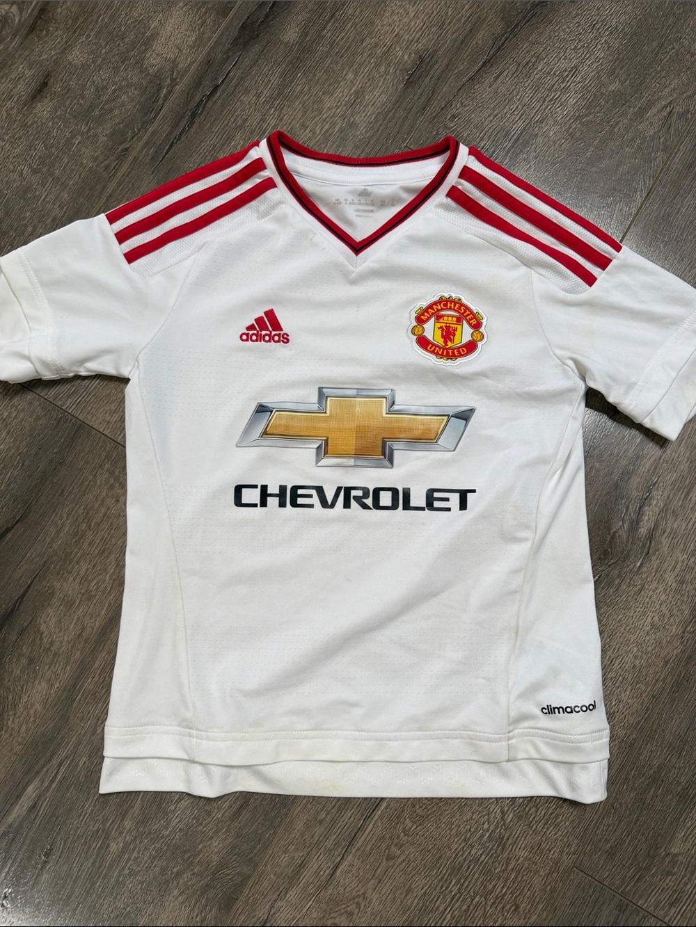 adidas White and Red Manchester United Kids Soccer Jersey with Chevrolet Logo